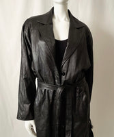 Vintage 90s Black Leather Full Trench Coat - Belted