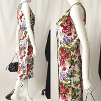 90s Vintage Sleeveless Button Down Front Floral Midi Dress