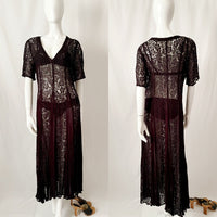 90s Vintage Sheer Lace Tiered Maxi Rayon Dress