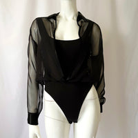 90s Vintage Black Sheer Satin Hi Cut Bodysuit