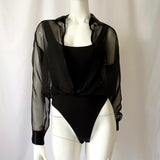 90s Vintage Black Sheer Satin Hi Cut Bodysuit