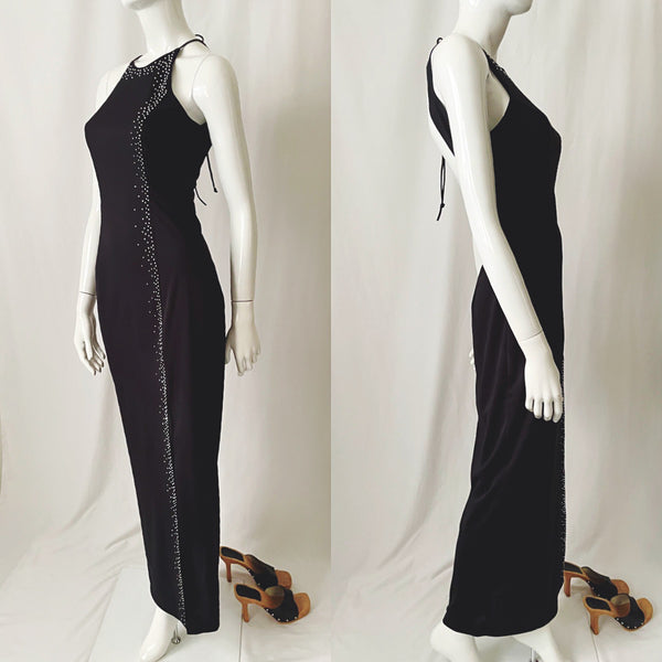 90s Vintage Black Studded Shimmery Backless Maxi Dress