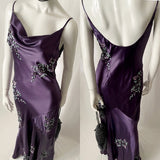 Vintage Y2K Draped Silk Embroidered Bias Slip Dress