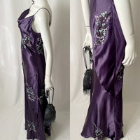 Vintage Y2K Draped Silk Embroidered Bias Slip Dress