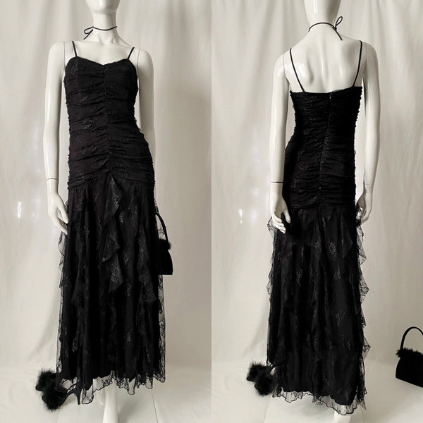 Vintage 90s Y2K Ruched Lace Tiered Maxi Slip Dress