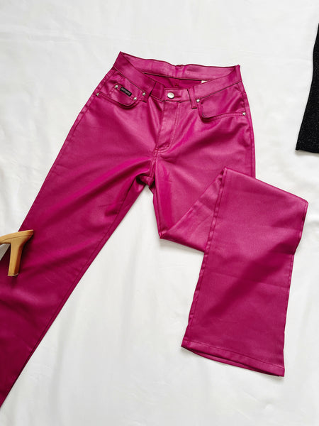 Vintage Bubblegum Pink Metallic Wet Look Pants
