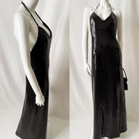 70s Vintage Open Back Black Sequin Halter Maxi Dress