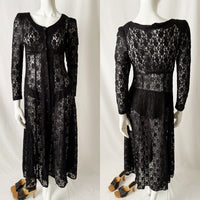90s Vintage Black Sheer Lace Maxi Dress