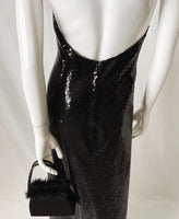 70s Vintage Open Back Black Sequin Halter Maxi Dress