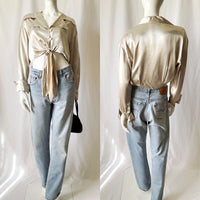 Vintage 90s Satin Button Down Tie Waist Top