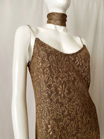 90s Vintage Rhinestone Shoulder Straps Gold Lurex Lace Slip Dress