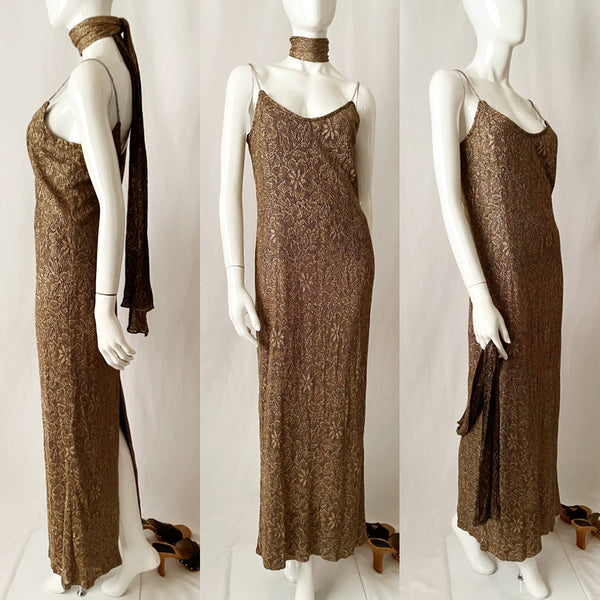90s Vintage Rhinestone Shoulder Straps Gold Lurex Lace Slip Dress